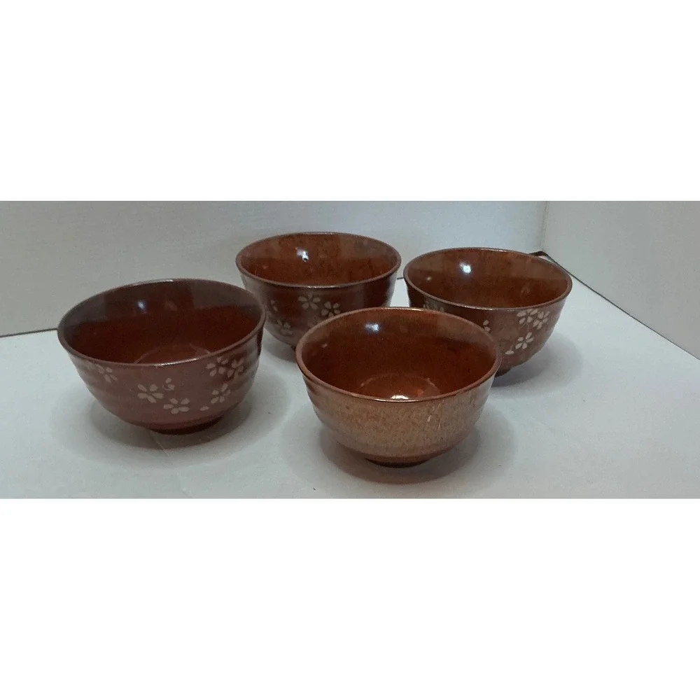 Unbranded Set of 4 Ceramic Bowls Cherry Blossom Sakura Brown Stoneware 4.5